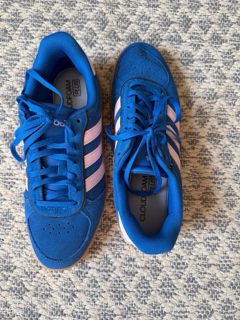 Adidas Blue Sneakers with Pink Stripes